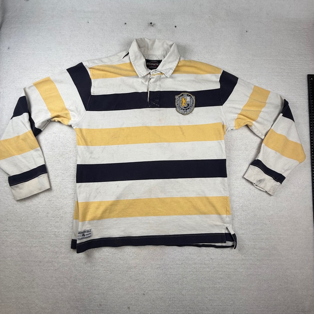 Aeropostale Mens Striped Rugby Shirt Long Sleeve Crest Patch Y2K Preppy - marks